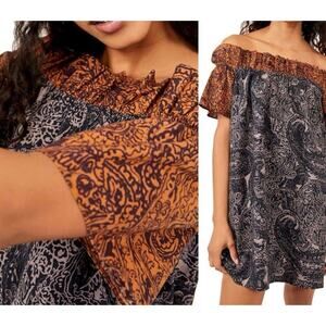 Free People Sophie Pure Cotton Off Shoulder Mini Paisley Printed Dress w Pockets